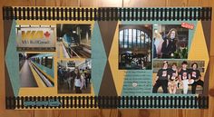 a collage of photos with people and trains in them on a wooden floor next to a wall