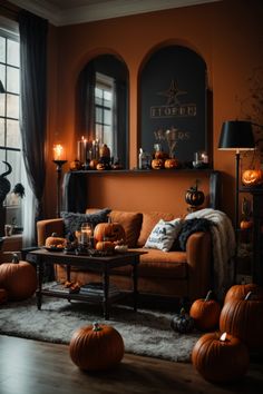 Welcome to the Witching Hour Lounge, where cozy meets mystique in this enchanting living room with captivating Halloween wall decor.A sumptuous leather couch beckons with plush pillows, one intriguingly proclaiming “beware”. The room glows with the soft light of candles on an industrial-chic coffee table, which is surrounded by a pumpkin-guarded carpet. A tall vintage-inspired chalkboard, framed with Halloween wall art, stands sentry, sharing its cryptic message. Halloween Living Room Ideas, Halloween Interior Design, Halloween Interior Decor, Fall Home Decor Living Room, Orange Halloween Decor, Ginger Cakes, Living Room Halloween Decor, Halloween Interior, Halloween Living Room Decor