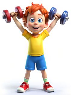 a cartoon boy is lifting two dumbs