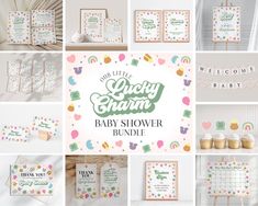 a collage of baby shower items and decorations