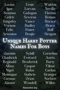 the harry potter names for boys in front of a black background with white writing on it