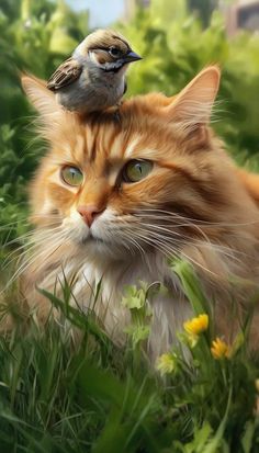 a cat laying in the grass with a bird on top of it's head