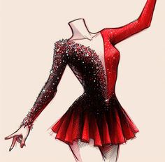 a drawing of a woman in a red dress with sequins on her body