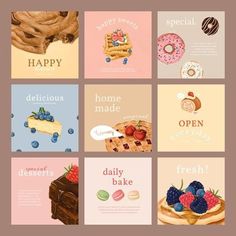 there are many different greeting cards on the same page, each with an image of a piece of cake and berries