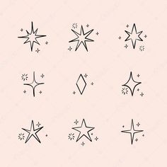 six stars drawn in black ink on a light pink background with the words star written below them