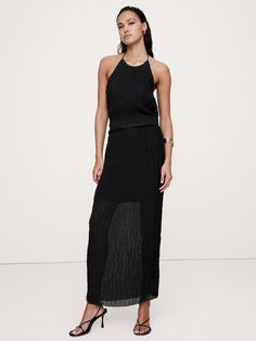 This maxi skirt is designed to stun with a timeless column silhouette, cut from a semi-sheer crinkle fabric we love for its luxurious texture.  High rise, column fit.  Elastic waist with invisible side zip.  Lined to mini length.  High rise, column fit.  Maxi length.  Model: Size S, 5'10" (178cm). Chic Party Maxi Dress With Lined Skirt, Crinkle Fabric, Silhouette Cut, Bottom Clothes, Women Clothes Sale, Side Zip, Banana Republic, Maxi Skirt, Elastic Waist