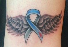 a blue and grey ribbon with wings on the leg for someone who is missing their heart