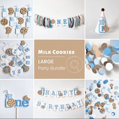 a collage of cookies and decorations for a baby's first birthday party with the words milk cookies large