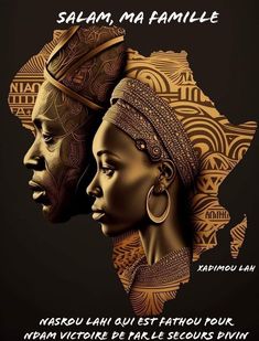 two african women with their heads covered in gold and black art work on a dark background