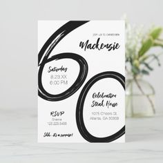 a black and white 60th birthday party card with the number six on it's front