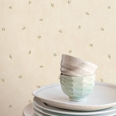 a stack of plates stacked on top of each other in front of a wallpapered background