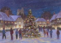 a painting of people walking in the snow near a christmas tree with lights on it