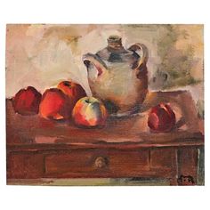 an oil painting of apples and a tea pot