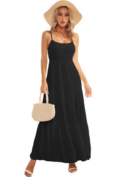 PRICES MAY VARY. Material: 100% cotton, soft, breathable and skin-friendly, crafted from light and breathable fabric, this flowing maxi dress is both stylish and comfortable in warm weather. Features: Women beach wedding dress features with a sexy open boat neckline, pleated ruffle hem, babydoll style, loose fit, maxi dress with backless lacing. Sleeveless and adjustable spaghetti straps, the slim spaghetti straps are adjustable, allowing for a personalized fit that flatters a range of body type Casual Long Black Dress, Spaghetti Strap Dress With Jacket, Long Black Dress Casual, Women's Sundress, Backless Sundress, Flowy Black Dress, Maxi Dress Flowy, Black Dress Outfit Casual, Beach Long Dress