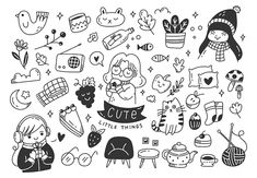 hand drawn doodles with cute little things in black and white