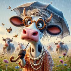 a cow wearing glasses and holding an umbrella in the rain with other cows behind it