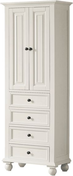 a white armoire with drawers and knobs on the bottom drawer is shown in front of a white background