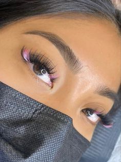 Light Pink Eyelash Extensions, Pink And Red Lash Extensions, Hybrid Lash Extensions With Pink, Wispy Hybrid Lash Extensions With Color, Eyelash Extensions With Color At The End, Wispy Lashes With Color, Color Lash Extensions Map, Lash Extension Colors, Cute Lash Extensions With Color