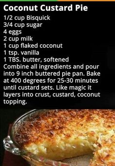 the recipe for coconut custard pie is shown in an image above it's description