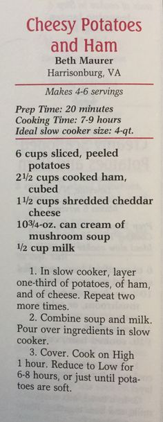 an open book with instructions on how to make cheesy potatoes and hams