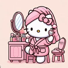 the hello kitty is getting ready for her big day at the bathroom vanity and dressing table