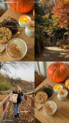 there are pictures of pumpkins, cookies and candles on the table in this collage