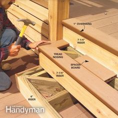 a man is working on some wooden steps