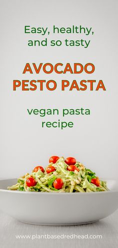 an advertisement for avocado pesto pasta on a white plate