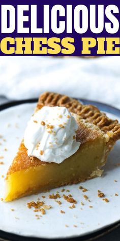 a piece of pie with whipped cream on top and the words delicious cheese pie above it