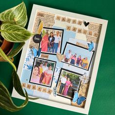 a card with photos and words on it next to a potted plant in front of a green background