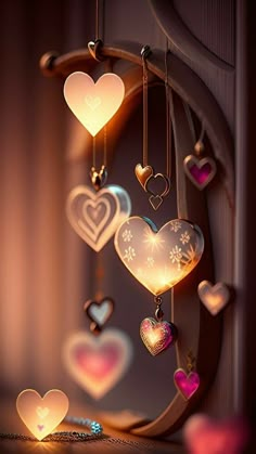 heart shaped lights hanging from the side of a door