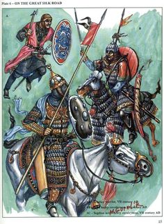 an illustration of knights on horseback with spears and shields