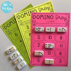 three domino game cards and four dices on top of each other, with the words domino