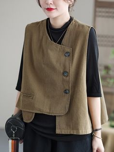 Vintage Asymmetric Solid Color Buttoned Vest Top BLACK-FREE SIZE Ladies Waistcoat, Harajuku Street Style, Linen Sleeveless Top, Grunge Baggy, Fall Vest, Cotton Vest, Bolero Jacket, Casual Vest, Sleeveless Jacket