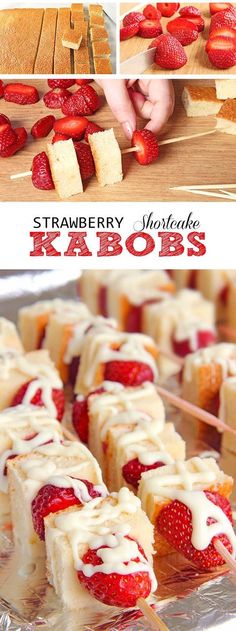 strawberry shortcake kabobs with white frosting and strawberries