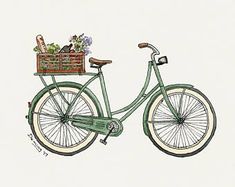 a drawing of a green bicycle with a basket full of flowers on the front wheel