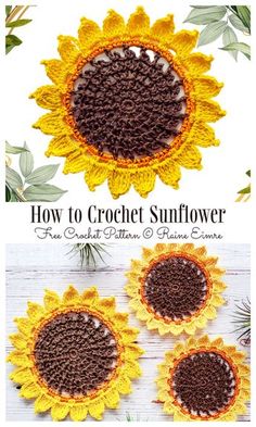 crochet sunflower is shown in three different colors and sizes, with the words how to crochet sunflower on it