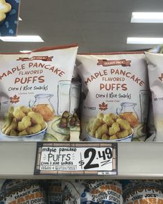 bags of maple pancake puffs are on display in a grocery store for $ 2 99