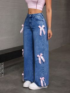 Women's Straight Jeans With Bow Medium Wash Casual   Denim Plain Straight Leg Non-Stretch  Women Clothing, size features are:Bust: ,Length: ,Sleeve Length: Denim Casual Outfit For Women, Fun Jeans Diy, Jeans Creative Ideas, Girly Jeans Outfit, Bow Legs Outfit, Aesthetic Pants Jeans, Straight Outfits, Senior Pants Ideas, Denim Trousers Outfit