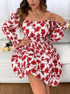 Vermelho e Branco Boho Collar Manga Comprida Tecido Floral,Estampa total Em A Embellished Não elástico  Vestidos Plus size Flounce Sleeve Dress, Flounce Sleeve, Dress P, Plus Size Dresses, Sleeve Dress, Woven Fabric, Off Shoulder, Red And White