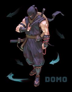 an animated character with two swords in his hand and the words domo above him