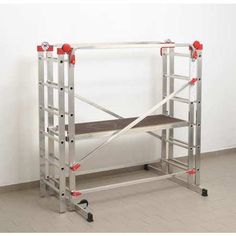 a metal shelf with two shelves on each side