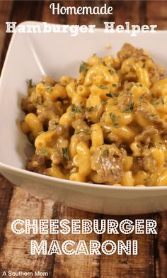 homemade hamburger helper cheeseburger macaroni in a white bowl on a wooden table