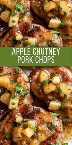 grilled pork chops with apple chutney sauce and parsley on top