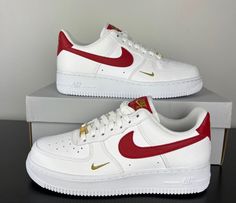 Nike Air Force Red And White, White And Red Air Force 1, Red Nikes For Women, Nike Airforce Shoes, Red And Gold Sneakers, Quince Nike Shoes, Red Shoes Nike, Shoe Wishlist Women, Nike Air Force Woman