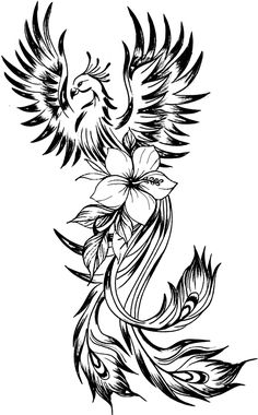 a black and white drawing of a bird with flowers