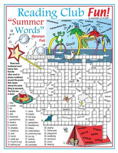 a crossword puzzle with the words reading club fun and an image of a beach scene