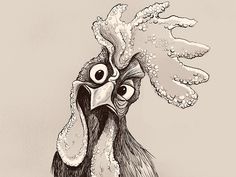 a black and white drawing of a rooster with bubbles on its head, in front of a gray background