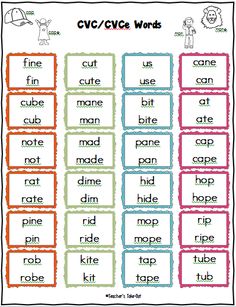 cvc / cvc word cards with the words cut and paste in different colors