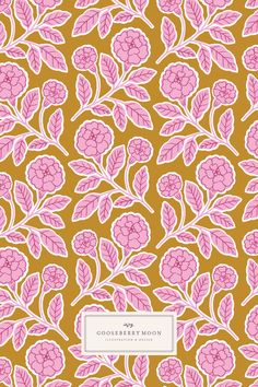 a pink and yellow floral pattern on a brown background with the words gorseberry moon written in white